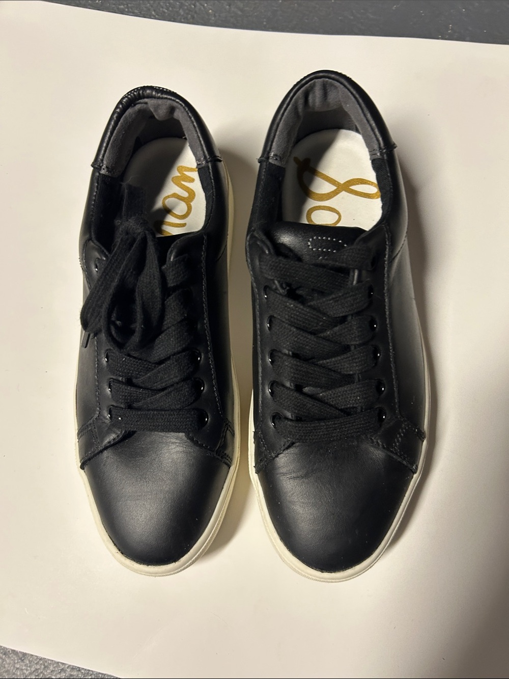 Sam Edelman Black Leather Low-Top Sneakers.